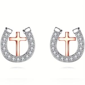 Silver and Gold Cross Horseshoe Earrings Studs S925